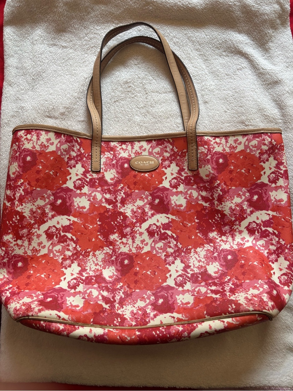 Coach Floral Canvas Tote in Pink, Orange and Cream with Tan Handles
